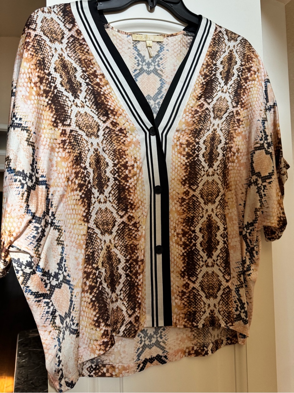 Maje Brown and Cream Snake-Print Button Front Top with Black Trim